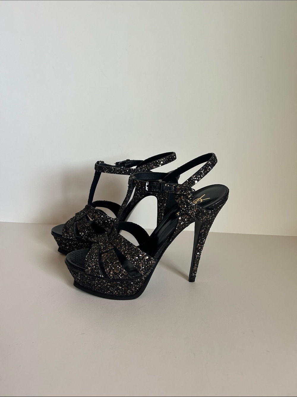 Saint Laurent Black Glitter Platform T-Strap Heels